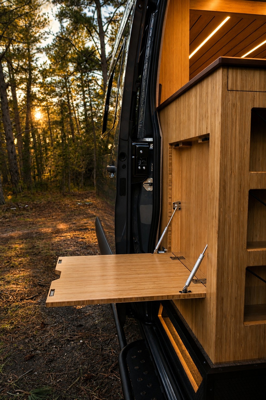 The Den side entry with a fold-down exterior table and warm interior lighting in the forest.