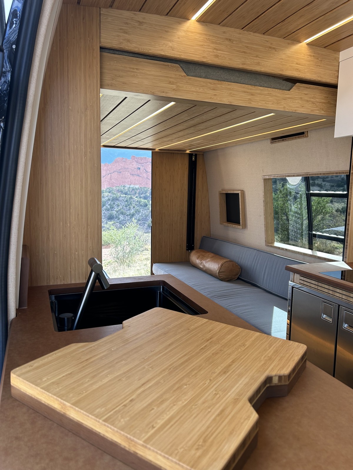 The Den galley with an uncovered induction cooktop and wood counter extension.
